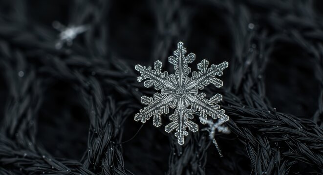 Intricate six-sided ice crystal rests upon a dark, woven surface in extreme closeup