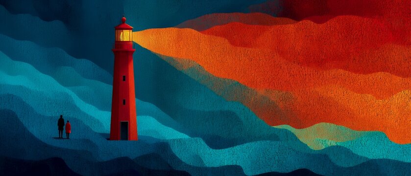 illustration of a red lighthouse at night