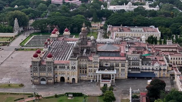 Drone view of Mysore Palace or Amba Vilas historic royal residence amidst the Mysore cityscape