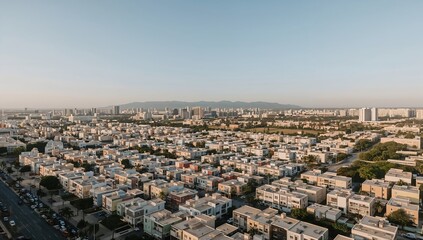 Obraz premium Cityscape view featuring a sprawling urban area with residential buildings under a clear sky. A road and distant mountains are also present.