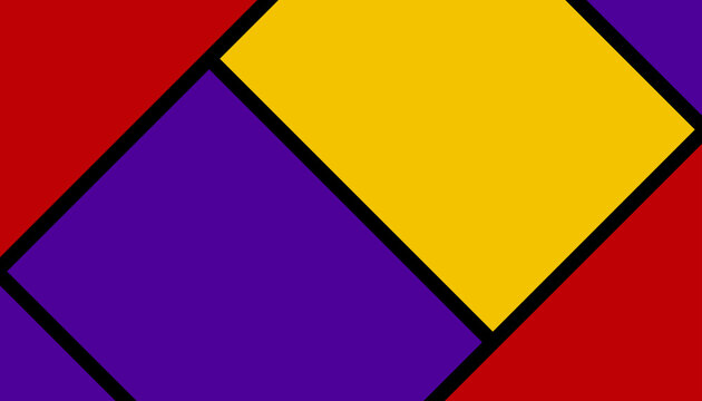 Bold geometric abstract artwork with overlapping colored quadrilaterals and thick black lines creating a striking modern composition.