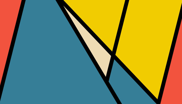 Abstract geometric artwork with bold colored triangles and rectangles divided by thick black lines, creating a dynamic modern composition.