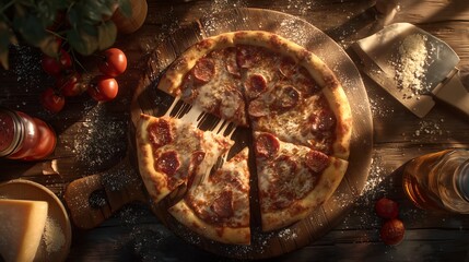 Fototapeta premium Rustic Pepperoni Pizza with Cheese Stretch