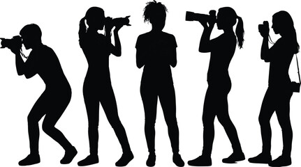 Female photographer silhouette set taking photos with camera, women photography professionals shooting pictures isolated vector illustration collection © Boony