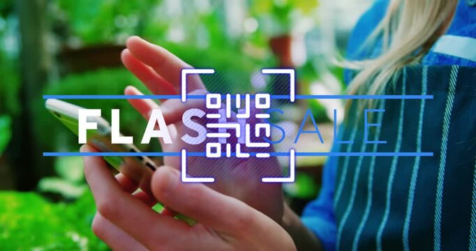 Animation of flash sale text and qr code over caucasian woman using smartphone