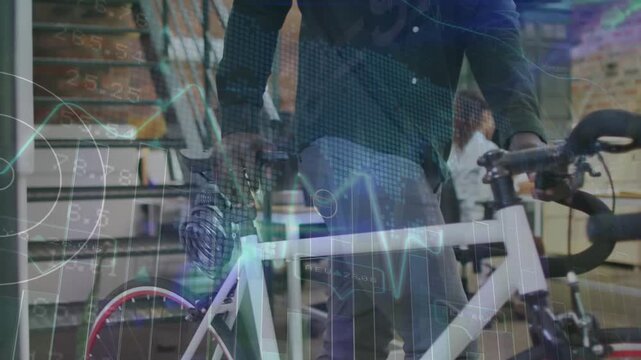 Animation of data processing over african american businessman with bicycle
