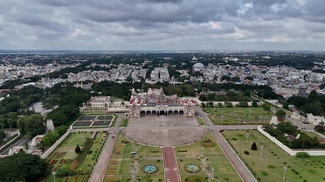 Drone view of Mysore Palace or Amba Vilas historic royal residence amidst the Mysore cityscape