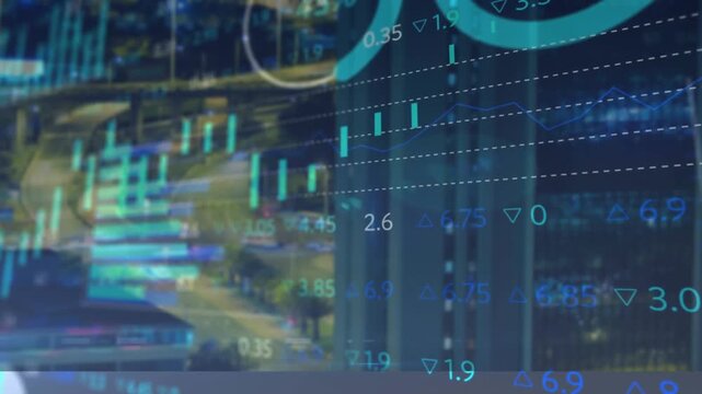 Ariel target over the city with financial data and graphs superimposed