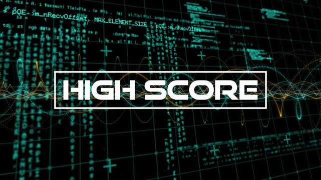 Animation of high score text over programming language, mesh networks and grid