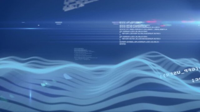 Animation of wave pattern and computer language with lens flares over abstract background