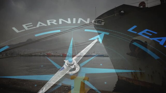 Compass pointing to LEARNING animation over docked ship in harbor