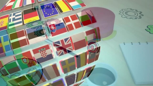 Animation of rotating cube with national flags over abstract background with gears