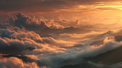 Fototapeta premium Dreamy Aerial View of Thick Clouds Rolling Through Alpine Valleys at Dusk