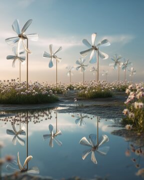 Field of decorative wind turbines amidst white flowering plants with