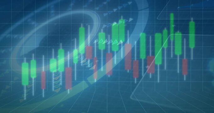 Candlestick chart and financial data analysis animation over blue grid background