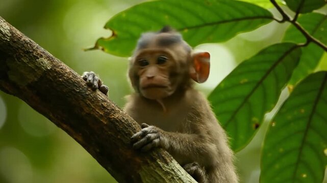 Young monkey clinging to a tree branch in lush green forest.