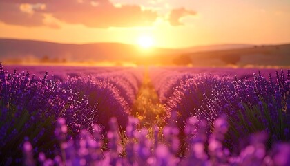 Obraz premium Lavender Field at Sunset with Purple Flowers and Orange Sky