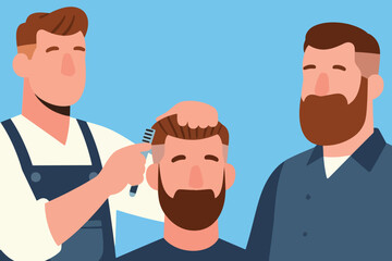 Fototapeta premium Barber in overalls trimming bearded client’s hair with comb, another bearded man observing nearby, stylized barbershop scene on light blue background.