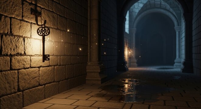 An ornate ancient key hangs on a hook in a dimly lit stone hallway.