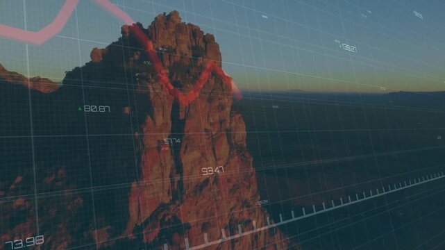 3D grid fading in causing line graph descending, oscillating over rock spire and visualizing trend