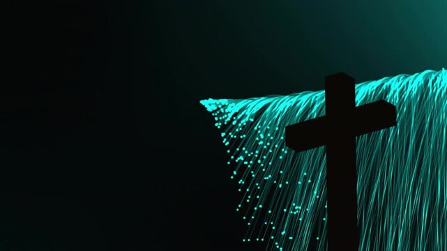 Glowing teal particles emerging at cross then streaming down into curtain highlighting silhouette