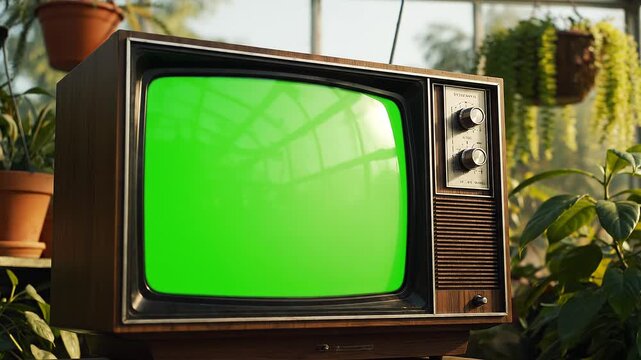 Scared terrified adult woman in a business setting is surrounded by lush greenery on a vintage television screen in a greenhouse