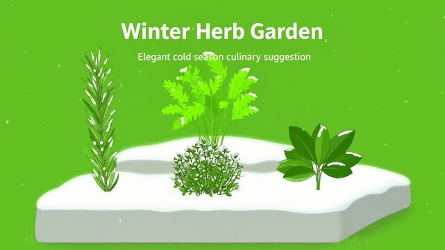 Winter Herb Garden Illustration with Snow and Greenery.
