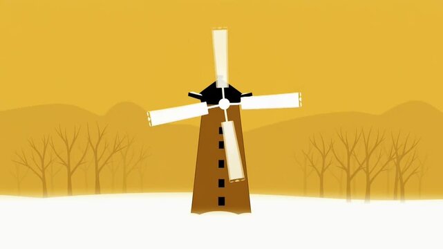 Stylized Windmill Illustration with Autumnal Landscape Background.