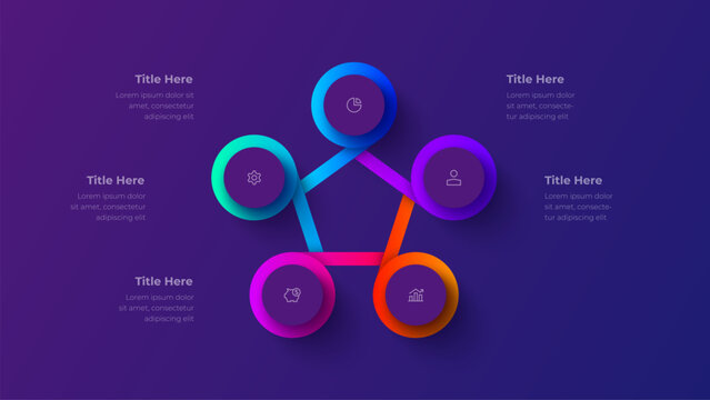 5 step pentagon process infographic with circular nodes connected in radial workflow diagram structure