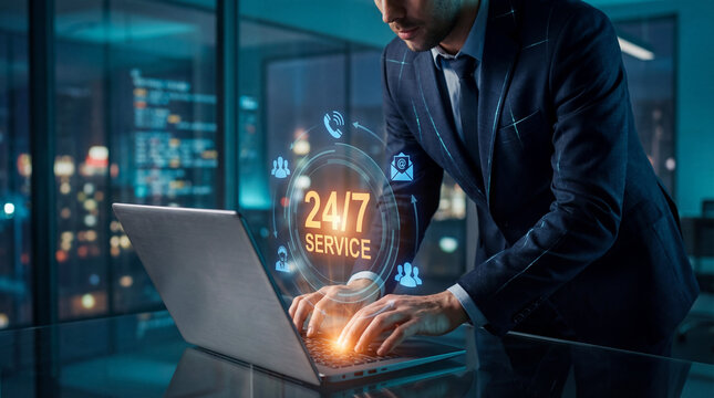 Business professional typing on laptop with glowing 247 service clock interface and support icons, illustrating continuous customer assistance, online communication new.