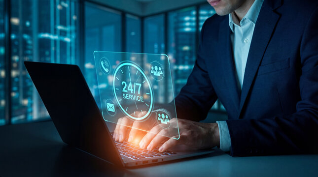 Business professional typing on laptop with glowing 247 service clock interface and support icons, illustrating continuous customer assistance, online communication new.