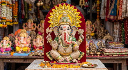 Fototapeta premium Handcrafted Lord Ganesha Idol Decorated with Sequins at an Indian Festival Market