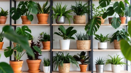 Fototapeta premium Lush green plants fill every shelf