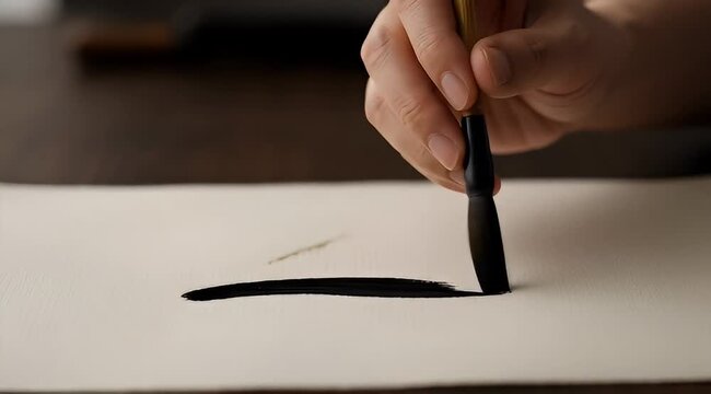 Closeup of a person's hand practicing calligraphy with black ink brush