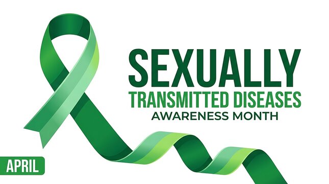 Green ribbon for sexually transmitted diseases awareness month in April with text and symbols, educational concept for health and wellbeing