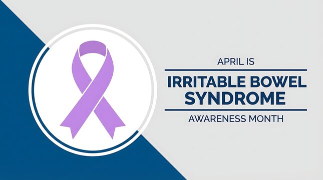 April is irritable bowel syndrome awareness month with purple ribbon symbol, medical health campaign, support and education concept, graphic design