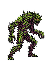 Fototapeta premium Monster creature illustration green vine like figure with spikes and sharp teeth