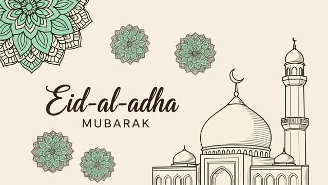 Celebrating Eid-al-adha Mubarak with mosque, mandala, and floral motifs in elegant illustration