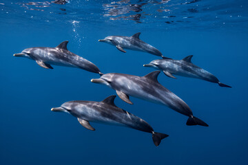 Fototapeta premium Group of Dolphins Swimming Underwater in Clear Blue Ocean Sea with Sunlight Filtering Through Surface Natural Wildlife Marine Life Photography