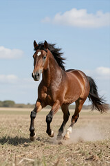 Obraz premium Majestic Brown Horse Galloping Across Open Field Kicking up Dust under Bright Blue Sky with Fluffy Clouds Natural Wildlife Photography
