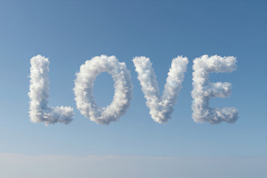 Love Spelled Out in Fluffy White Clouds Against a Clear Blue Sky, Romantic Concept for Valentine'S Day or Relationship Imagery