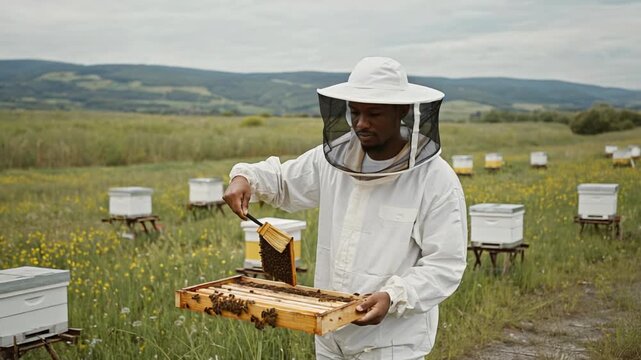 Beekeeper in Protective Suit Inspects Honeycomb Frame Filled with Honey in Apiary Field