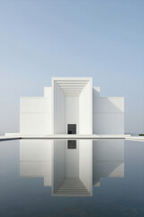Obraz premium Minimalist Modern White Architectural Structure with Geometric Design Reflected in Calm Water under Clear Sky, Suitable for Luxury Real Estate or Serene Travel Backgrounds