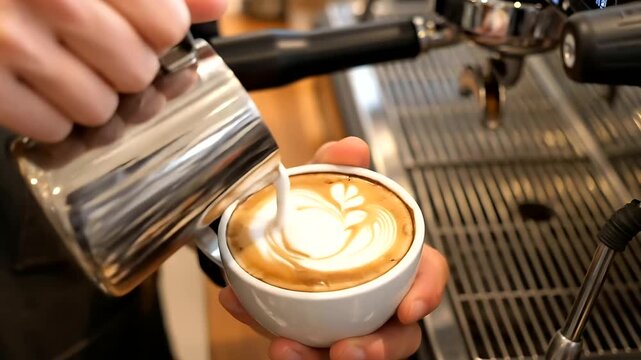 Close-up of a barista's hands pouring steamed milk from a silver pitcher into a white ceramic cup to create latte art, showcasing a professional coffee preparation process in a cafe setting.