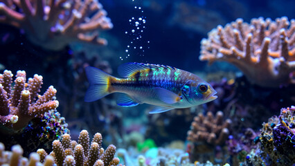 Obraz premium Vibrant Tropical Fish Swimming Gracefully among Colorful Coral Reefs in a Clear Underwater Aquarium Environment with Gentle Bubbles Rising