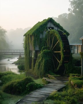 Old wooden mill house covered in green vines beside a tranquil stream on a