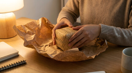 Individual enjoys a sandwich wrapped in eco-friendly bamboo packaging sustainable product, showcasing a conscious lifestyle choice.