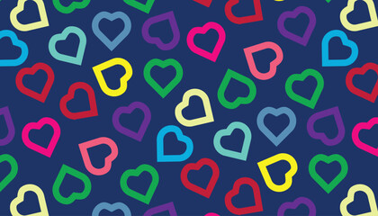 Colorful Heart Outline Pattern, Cute Rainbow Hearts Seamless Design, Love Aesthetic Background.
