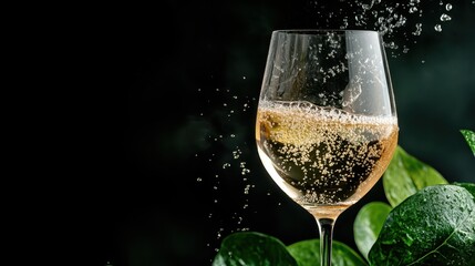 An artistic shot of sparkling wine bubbling in a crystal-clear glass, set against lush green leaves, symbolizing celebration and joy during special moments and gatherings.
