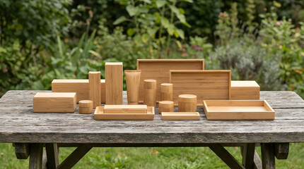 Eco-Friendly Bamboo Packaging Showcasing Sustainable Products on Rustic Garden Table